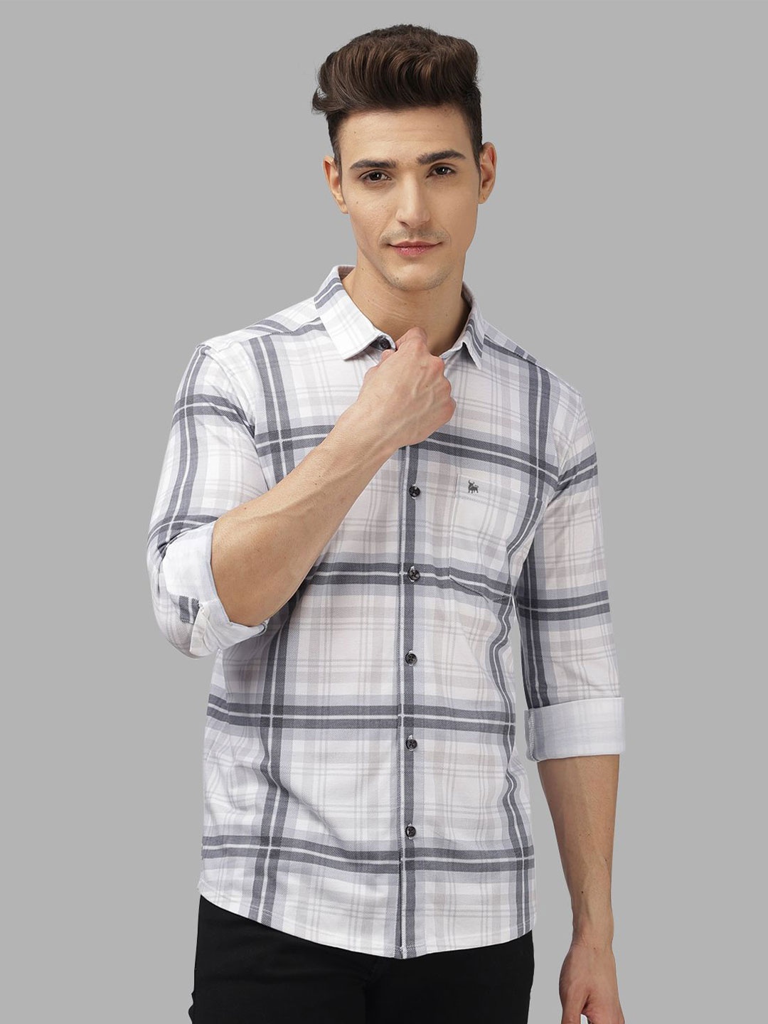 

BULLMER Men Spread Collar Checked Cotton Casual Shirt, White
