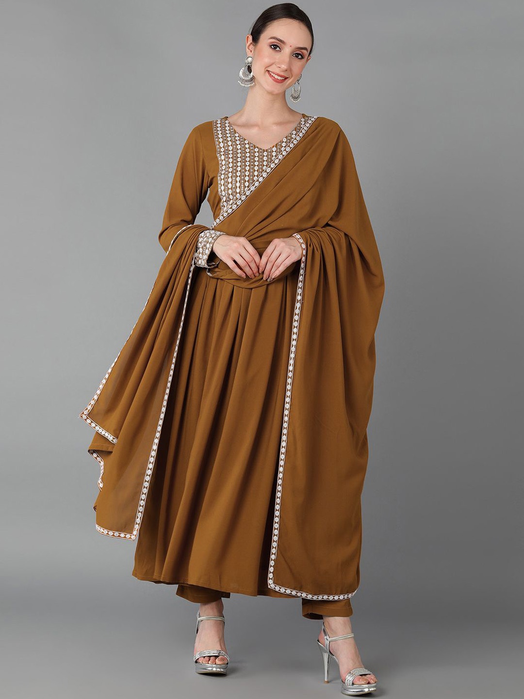 

KALINI Embroidered Pleated Sequinned Kurta with Trousers & Dupatta, Mustard