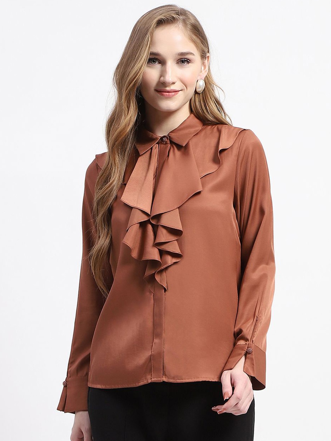 

Madame Women Cutaway Collar Solid Relaxed Fit Casual Shirt, Rust