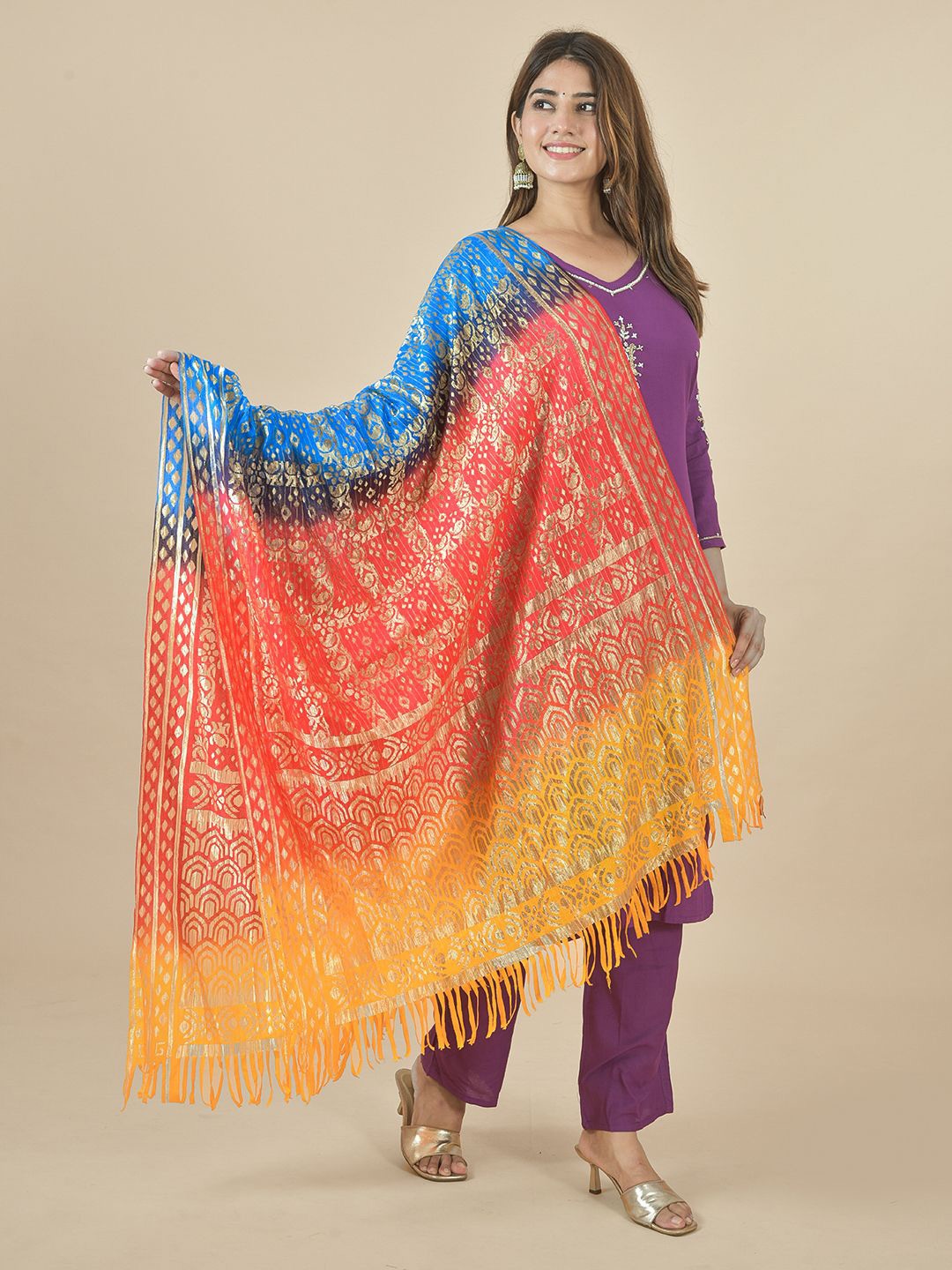 

LA FEMINAE Bandhani Woven Design Block Print Dupatta, Yellow