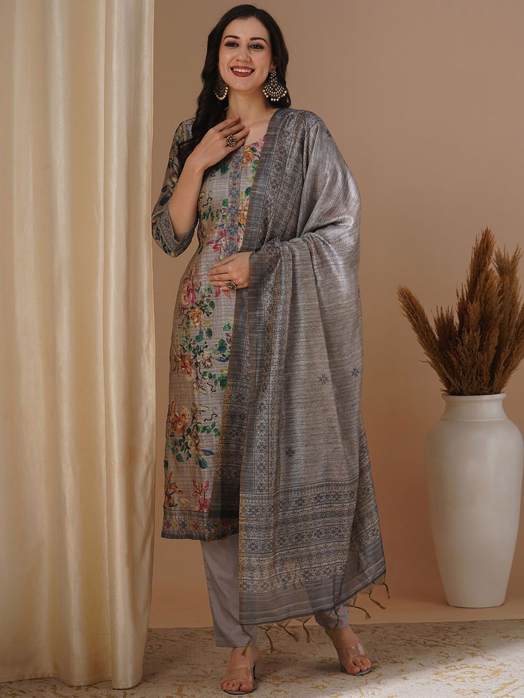 

FASHOR Floral Printed Sequinned Chanderi Cotton Straight Kurta With Trousers & Dupatta, Taupe