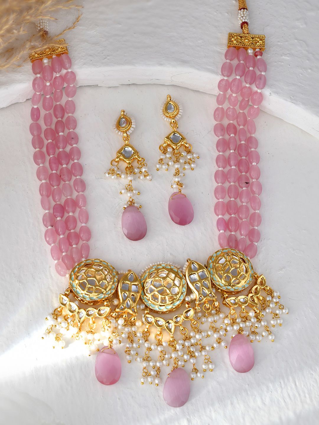 

DASTOOR Gold-Plated Stone-Studded & Beaded Necklace and Earrings