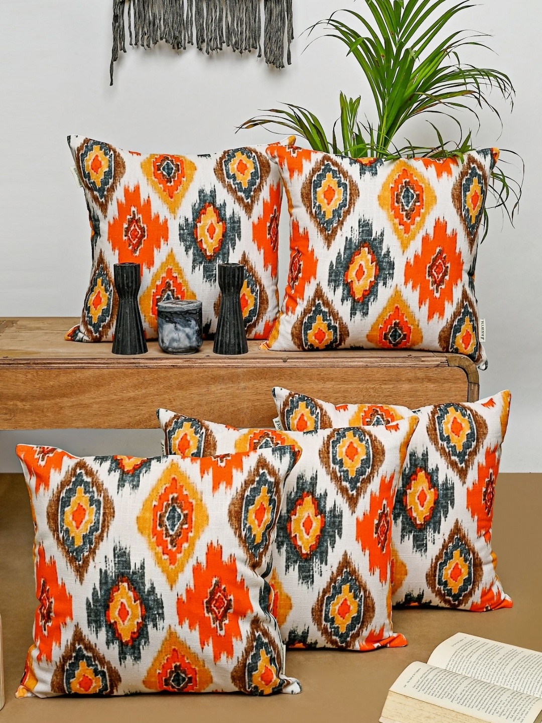 

ANWYN Orange & White 5 Pieces Geometric Cotton Square Cushion Covers