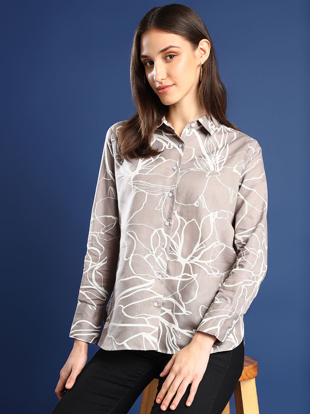 

Hancock Women Boyfriend Fit Abstract Printed Linen Formal Shirt, Grey