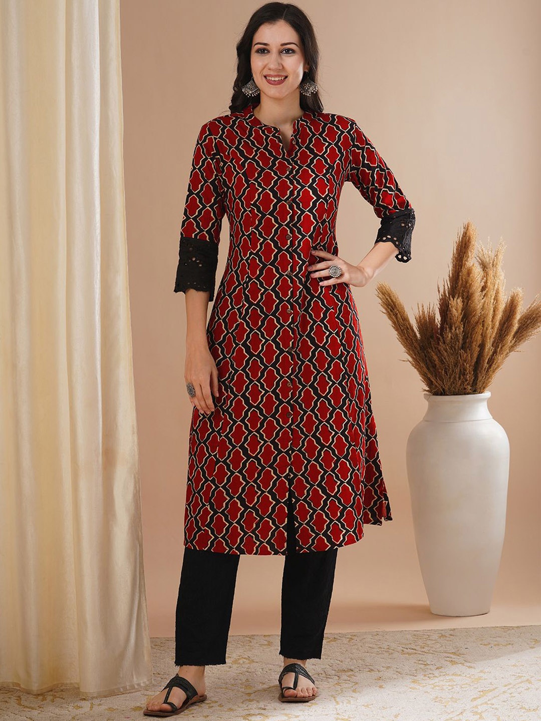 

FASHOR Geometric Printed Mandarin Collar A-Line Cotton Kurta, Rust