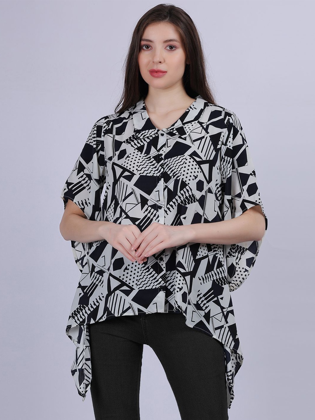 

Aumbe Geometric Print Mandarin Collar Kimono Sleeve Kaftan Top, Navy blue