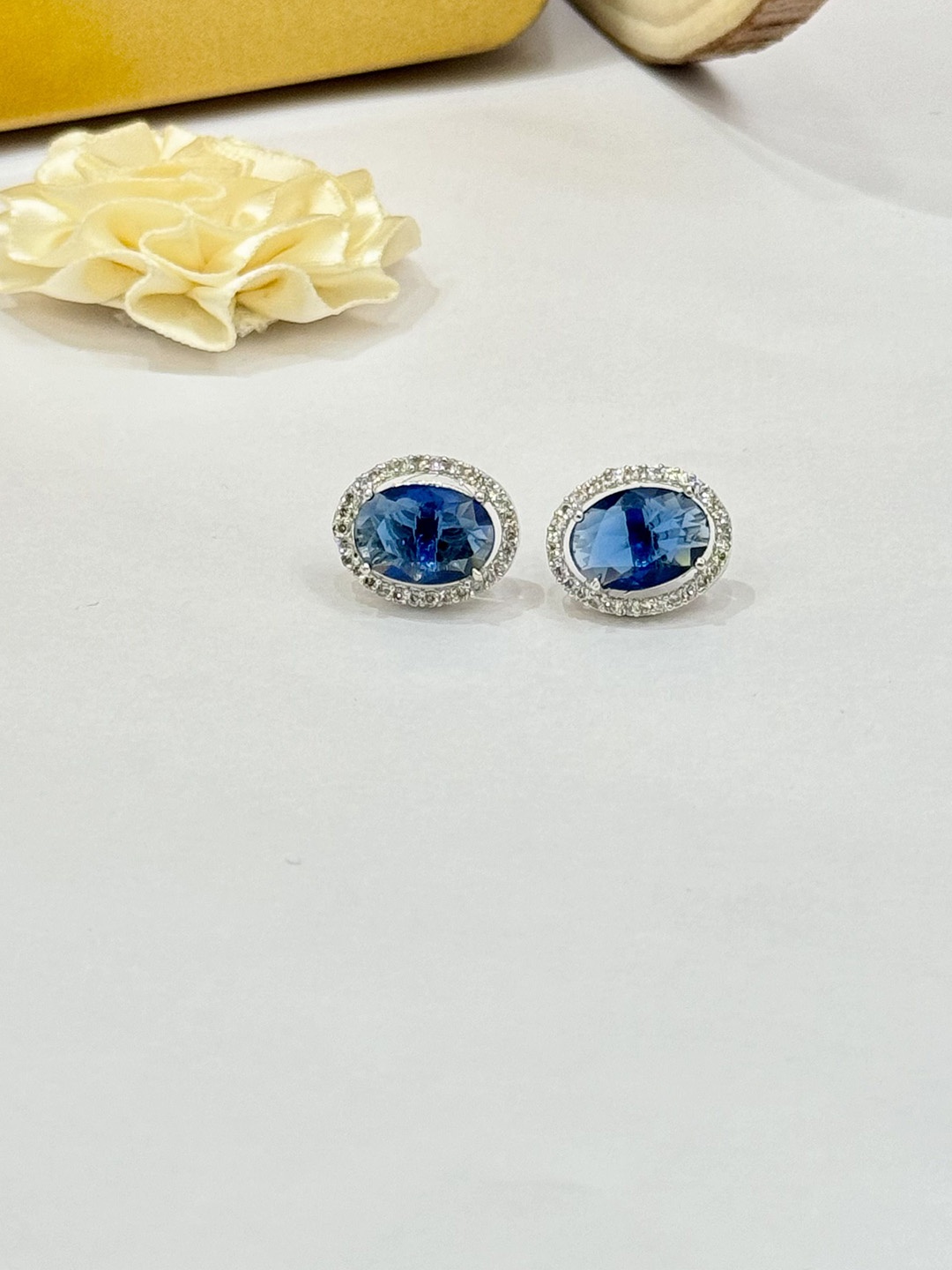 

The Jewellery Tale American Diamond Oval Studs, Blue