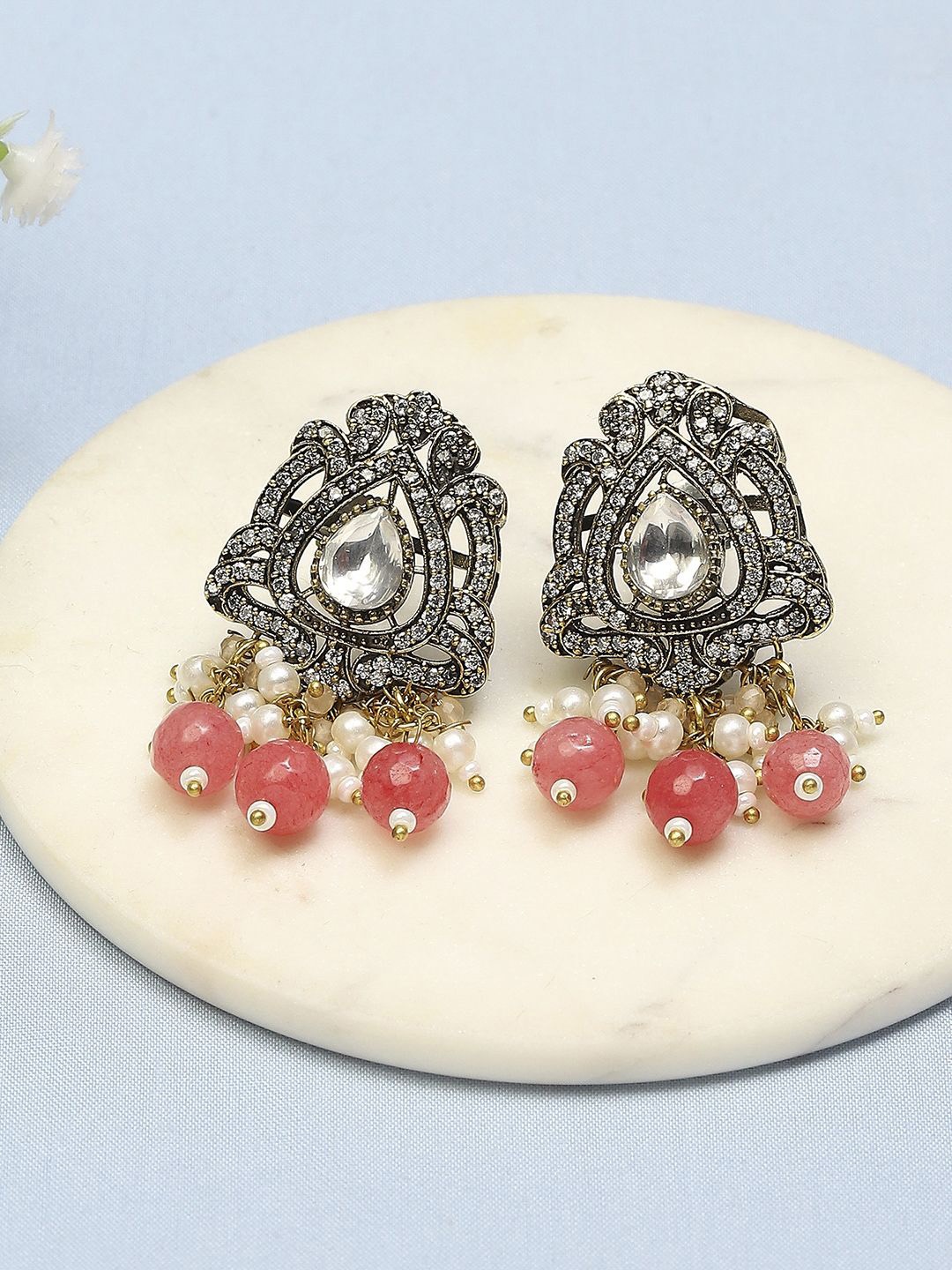 

Biba Gold-Plated Stone Studded & Beaded Contemporary Studs, Peach