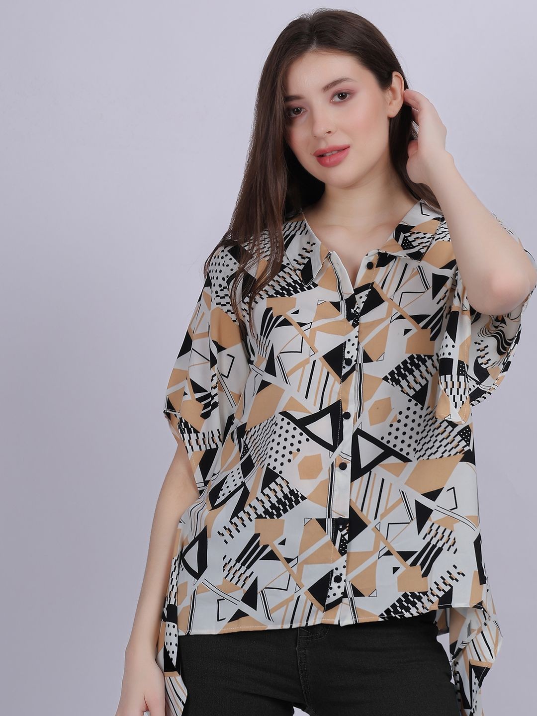 

Aumbe Print Mandarin Collar Extended Sleeves Top, Beige