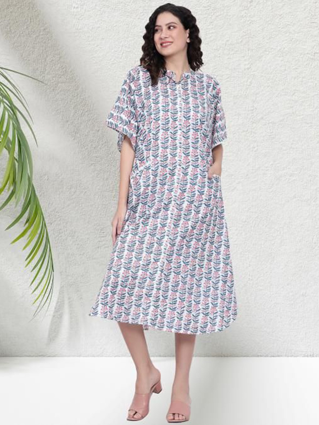 

Safeera Floral Print Kaftan Midi Women Dress, White