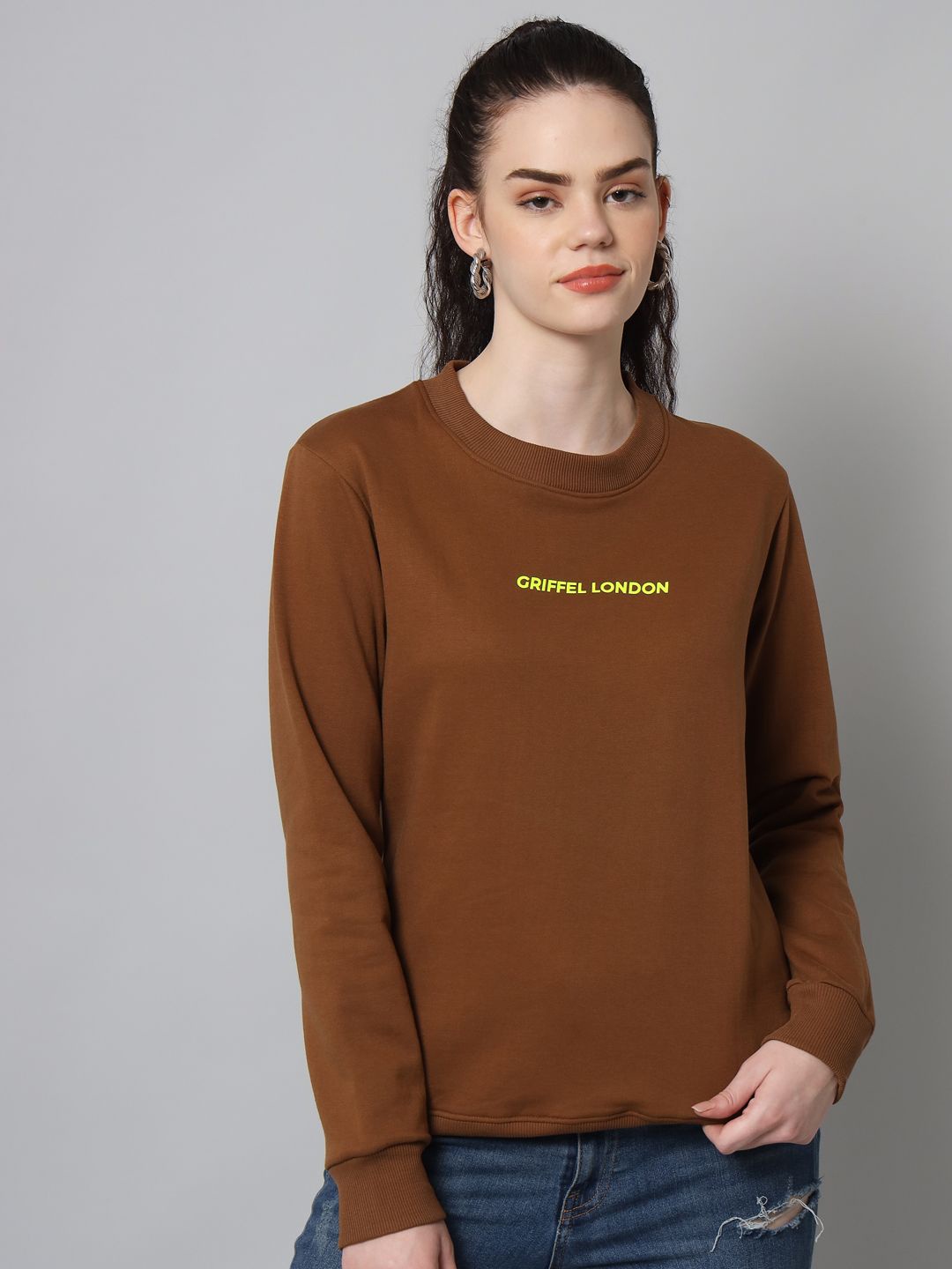 

GRIFFEL Women Typography Printed Round Neck Sweatshirt, Coffee brown