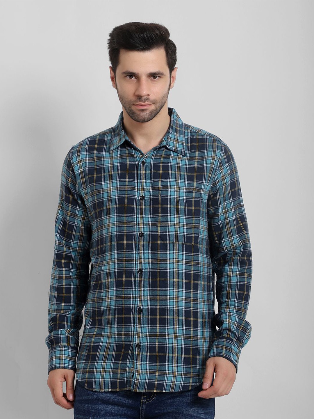 

Canjuice Men Comfort Spread Collar Tartan Checked Cotton Relaxed Fit Casual Shirt, Blue