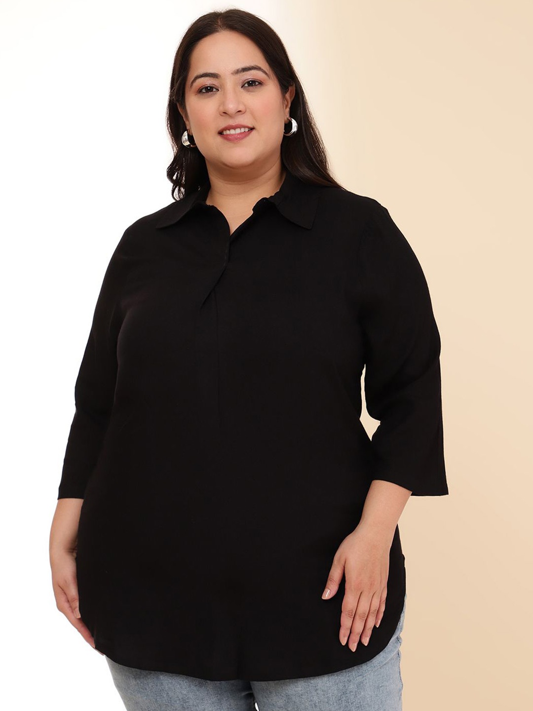 

DressBerry Plus Size Women Solid Shirt Collar Top, Black