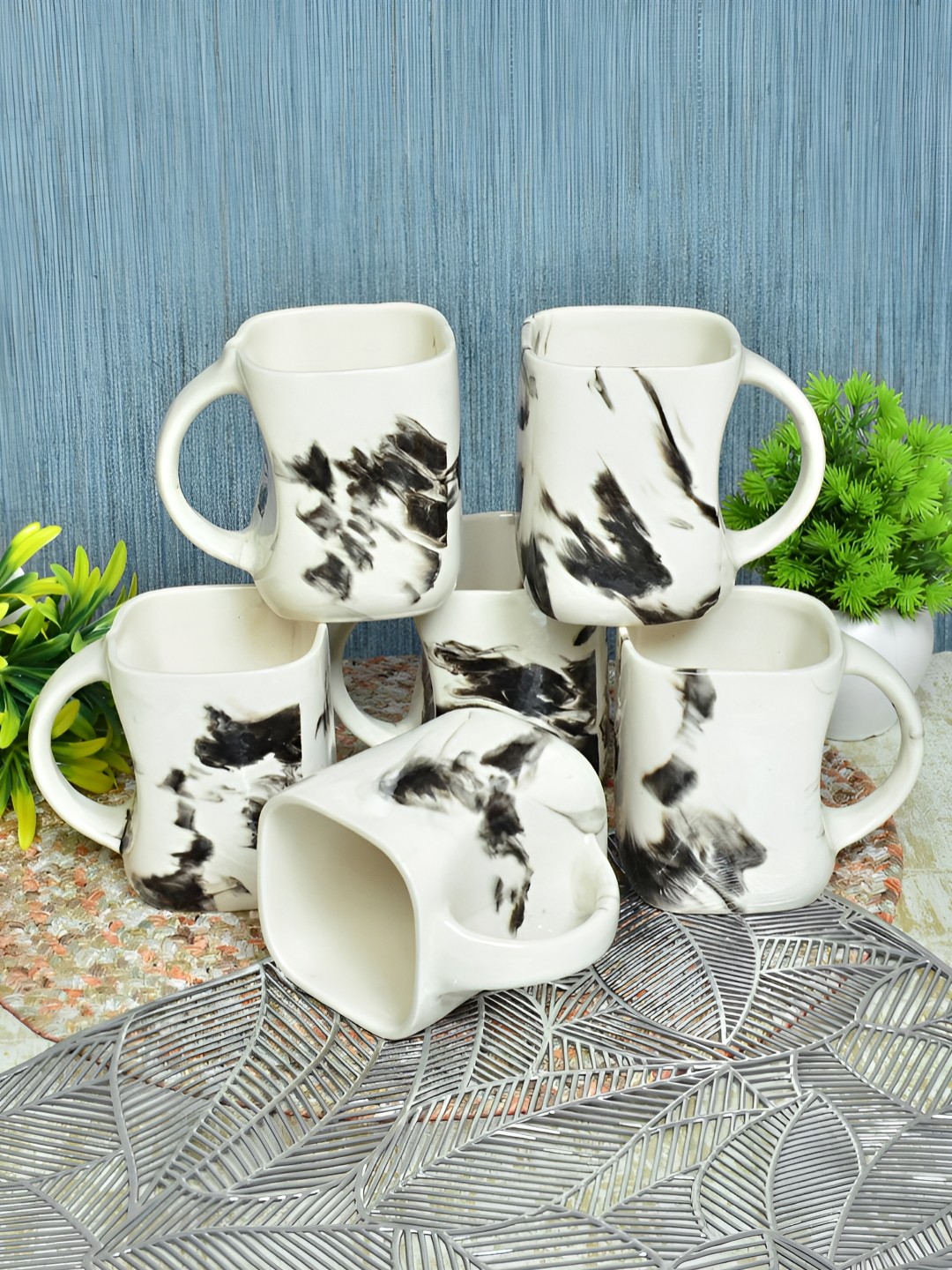 

FABINALIV White & Grey 6 Pieces Printed Ceramic Glossy Mugs 310 ml