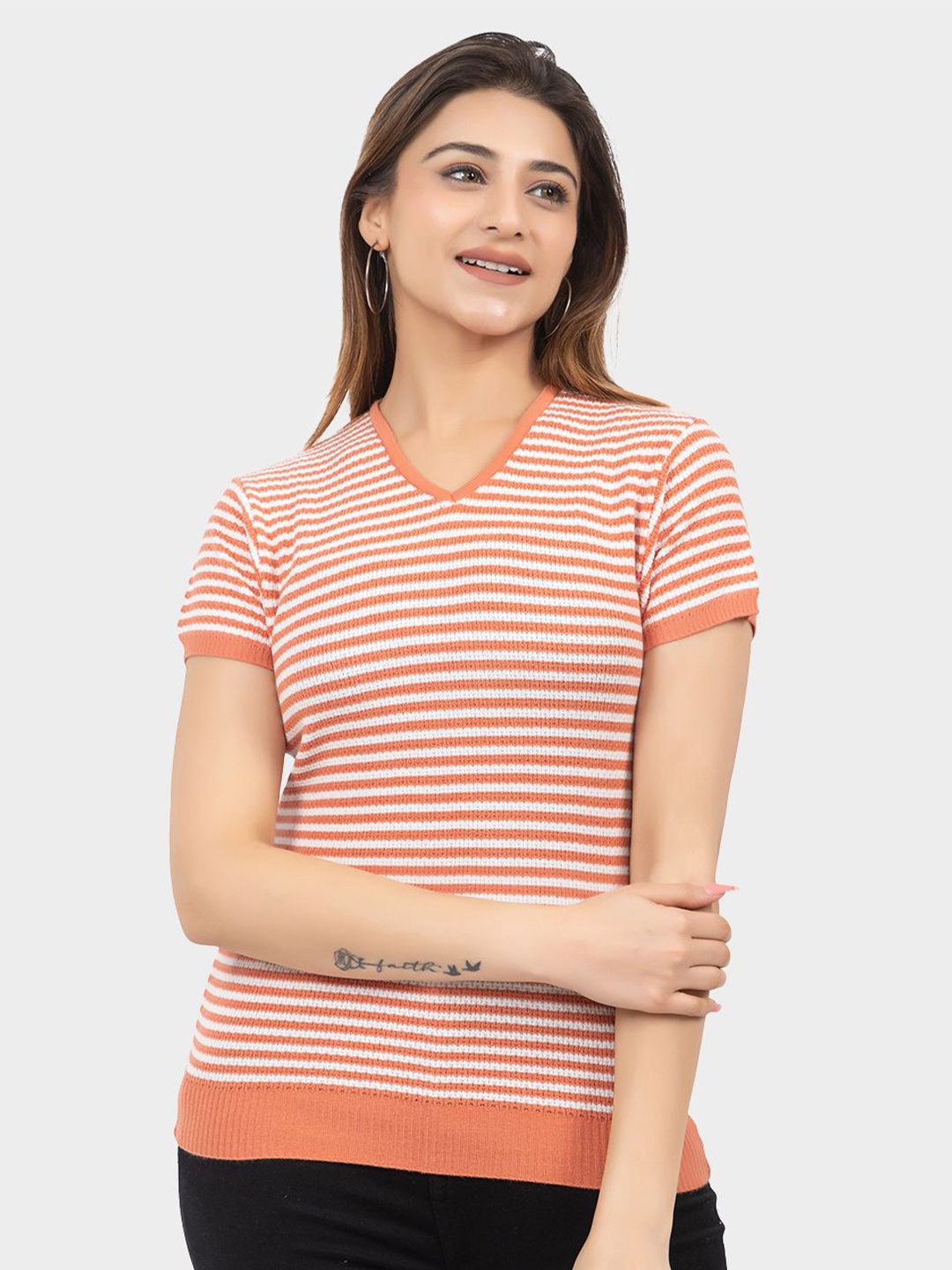 

LEZA Women Horizontal Striped V-Neck Cotton Top, Peach