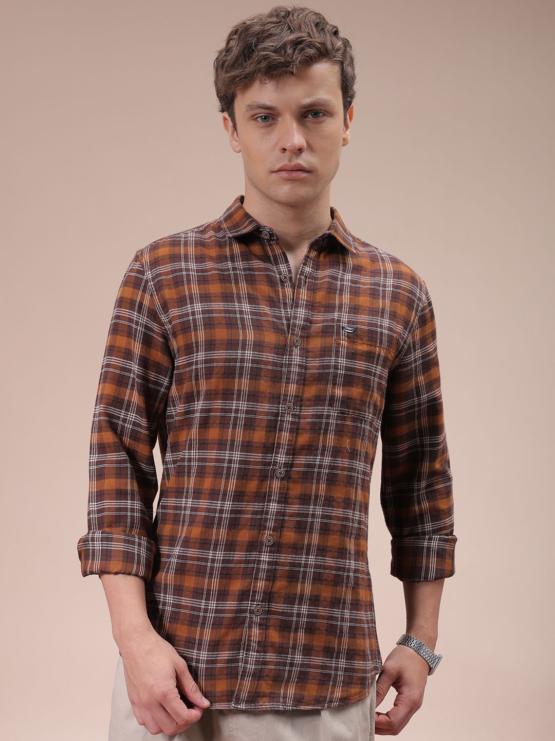 

The Indian Garage Co Men Cutaway Collar Checked Cotton Slim Fit Casual Shirt, Brown
