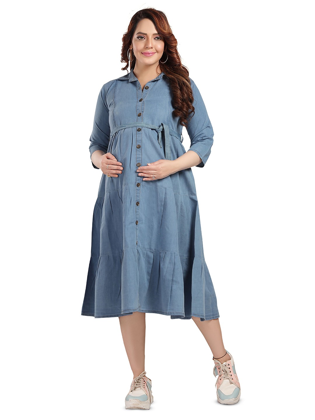 

EASY MOM Maternity Women Fit & Flare Midi Dress, Blue