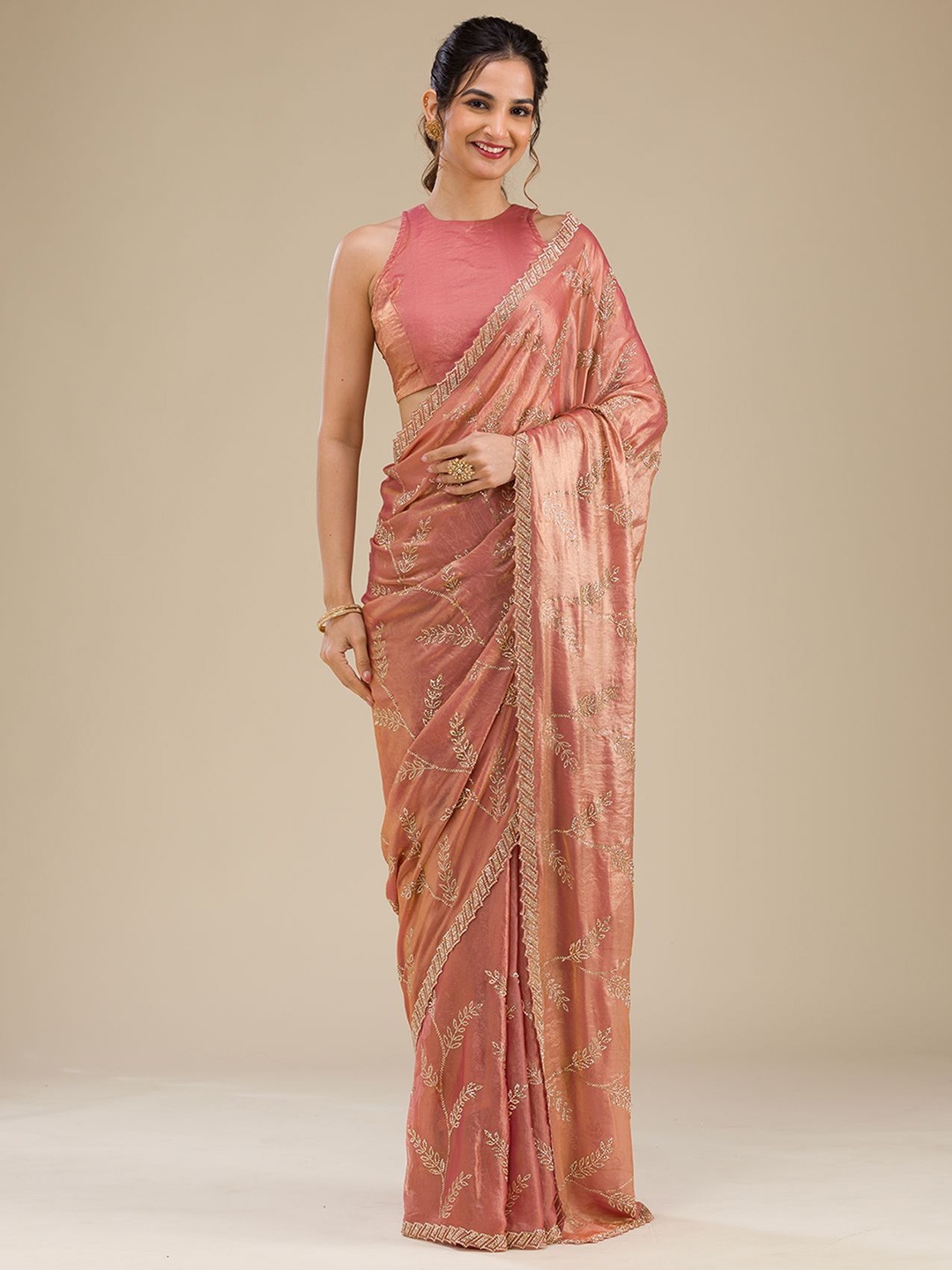 

Koskii Beads and Stones Embroidered Zari Tissue Saree, Peach