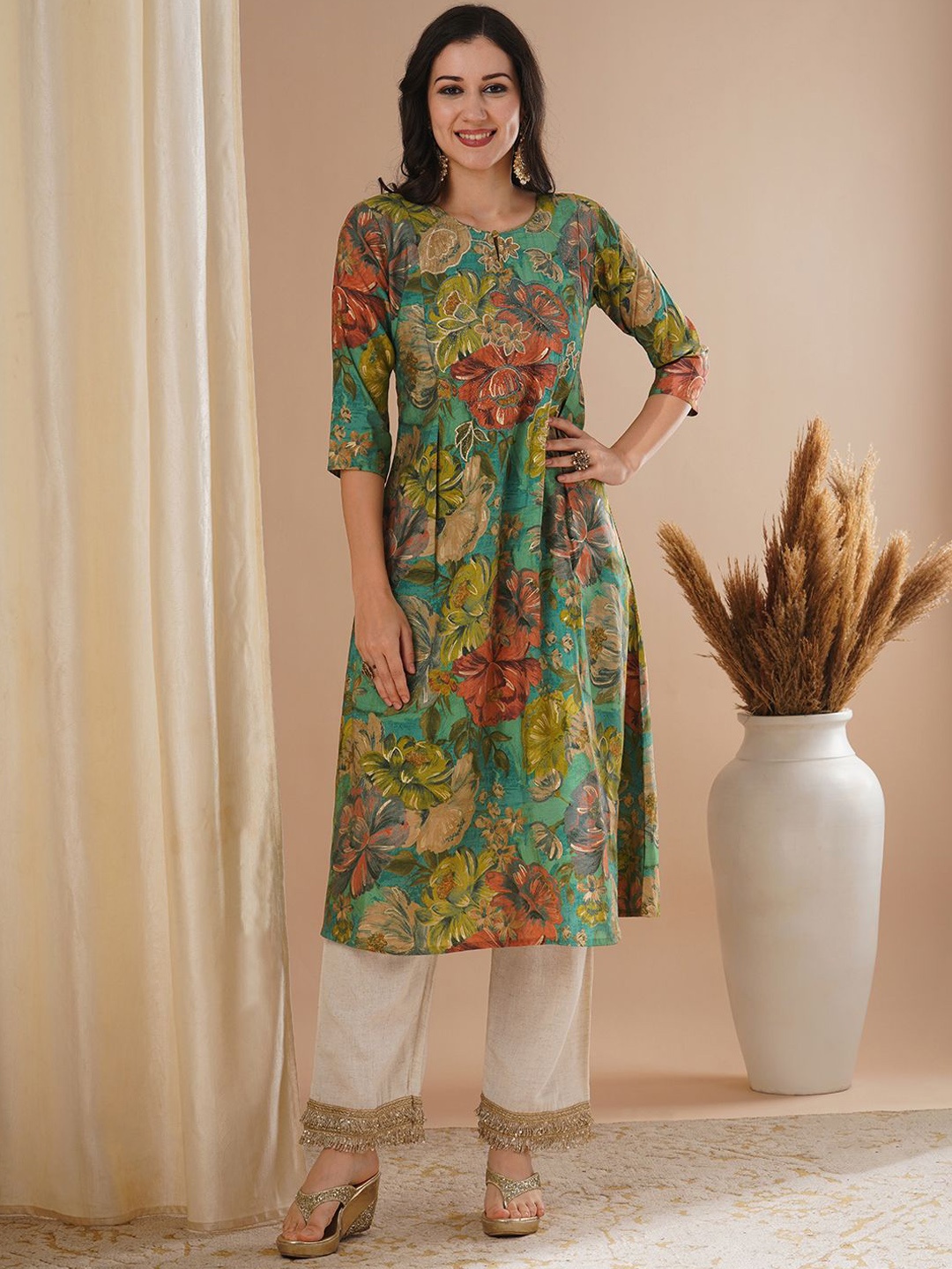 

FASHOR Floral Printed A-Line Kurta, Green
