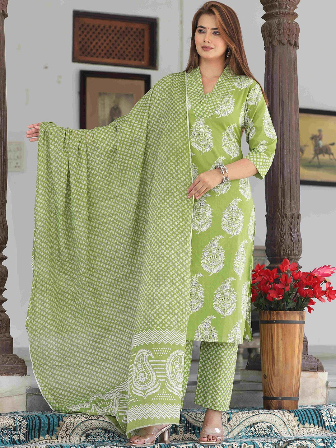 

SINGNI Women Pure Cotton Ethnic Motifs Printed Kurta With Trousers & Dupatta, Green