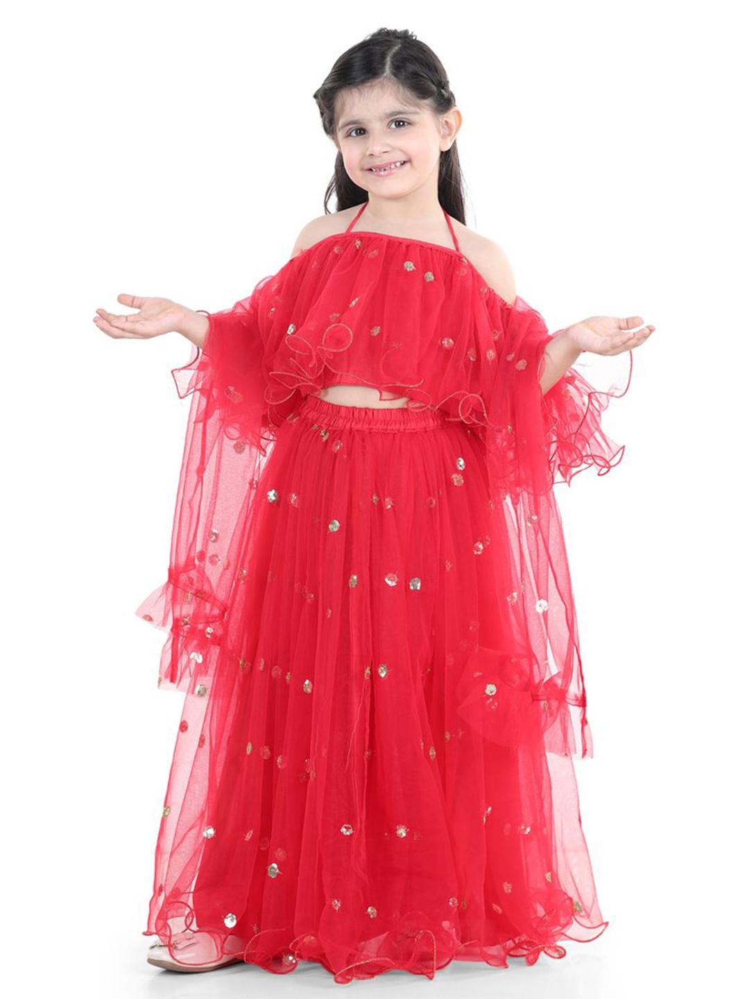 

BownBee Girls Embellished Net Ready to Wear Lehenga & Blouse With Dupatta, Red
