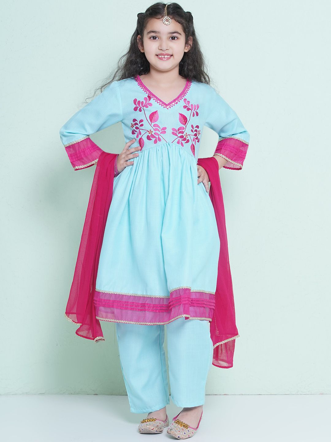 

Bitiya by Bhama Girls Floral Embroidered Sequinned Anarkali Kurta with Trousers & Dupatta, Blue