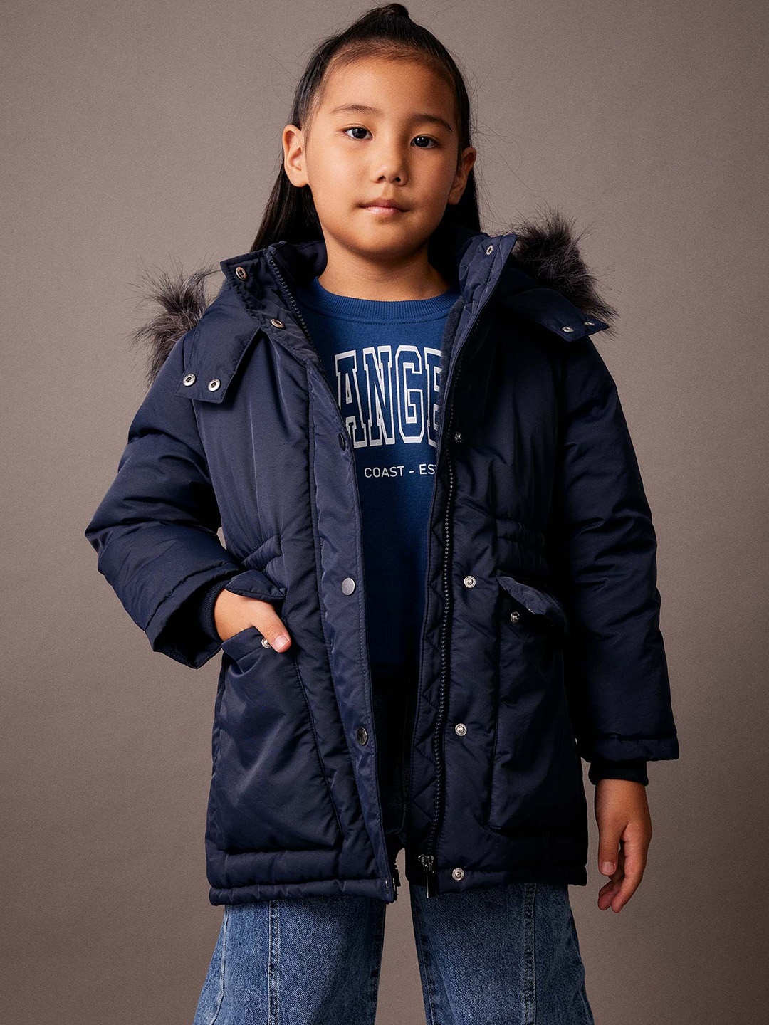 

DeFacto Girls Hooded Longline Parka Jacket, Blue