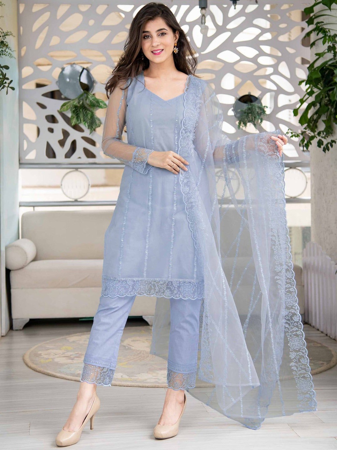 

GUNVANTI FAB Ethnic Motifs Embroidered Straight Thread Work Kurta with Trousers & Dupatta, Blue