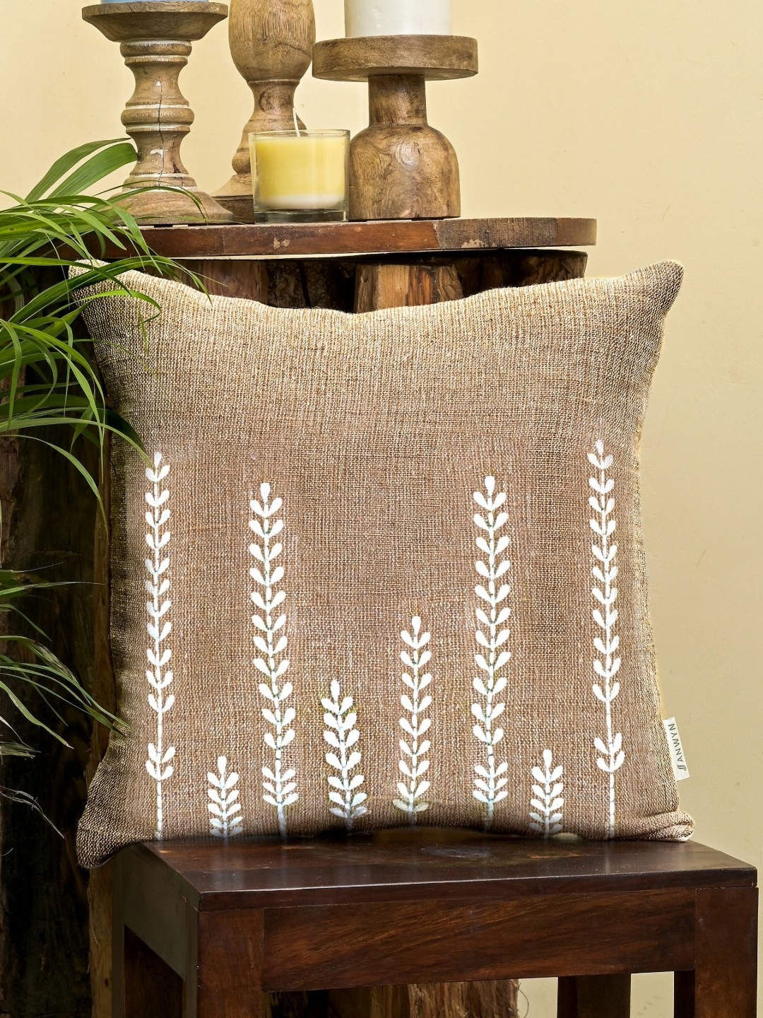 

ANWYN Beige & White Floral Embroidered Jute Linen Square Cushion Cover