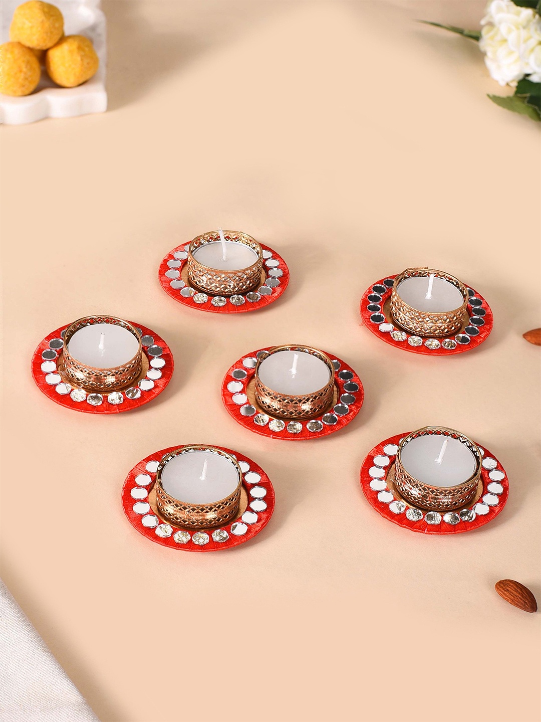 

Nestasia Red & Gold Toned 6 Pieces Mirror Embellished Tea Light Candle Holders