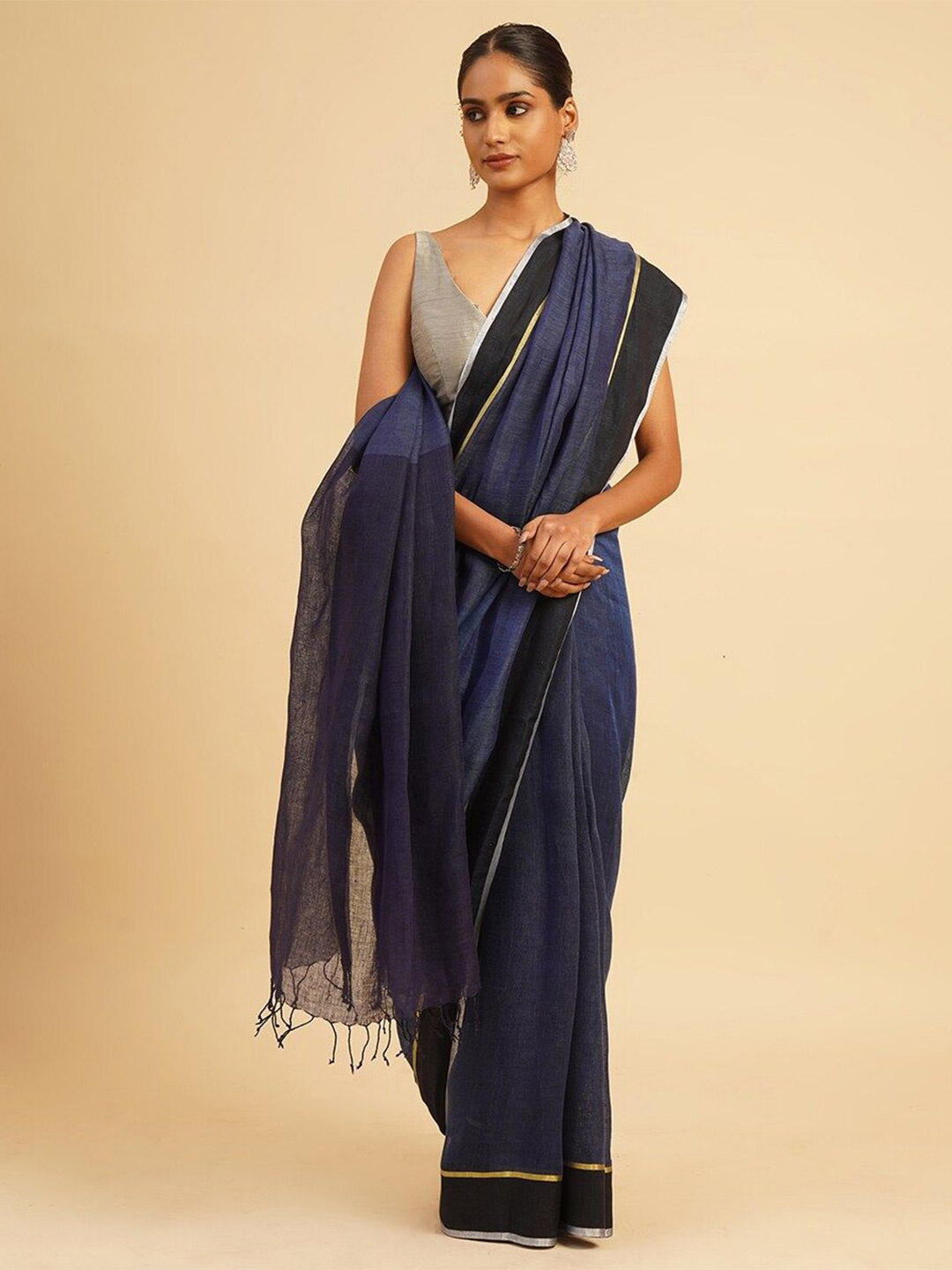 

JAYPORE Zari Pure Linen Saree, Blue