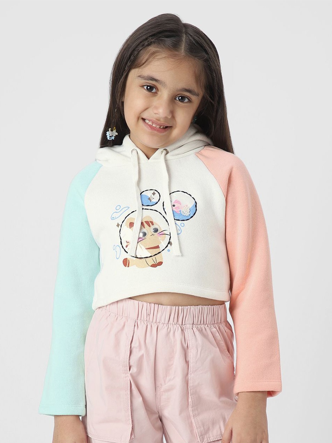 

Nauti Nati Girls Printed Cropped Sweatshirt with Colourblock Sleeves, White