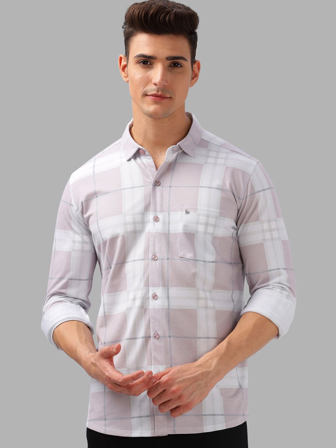 

BULLMER Men Spread Collar Checked Cotton Casual Shirt, Lavender