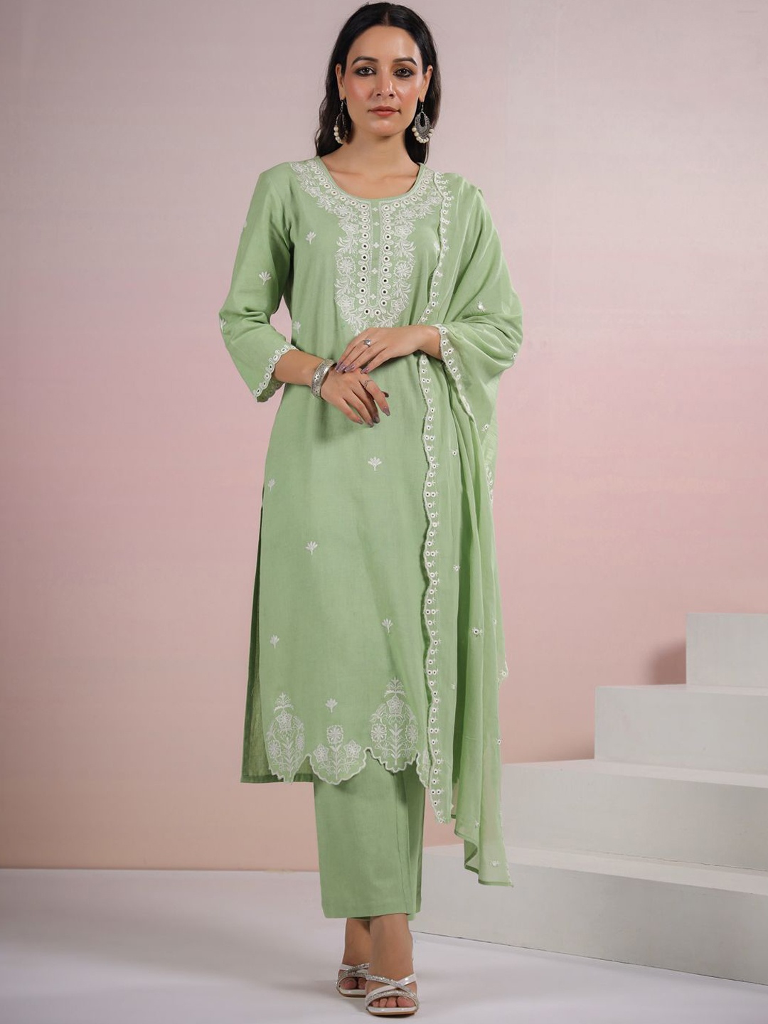 

Coordnord Embroidered Regular Pure Cotton Straight Kurta with Palazzos & Dupatta, Green