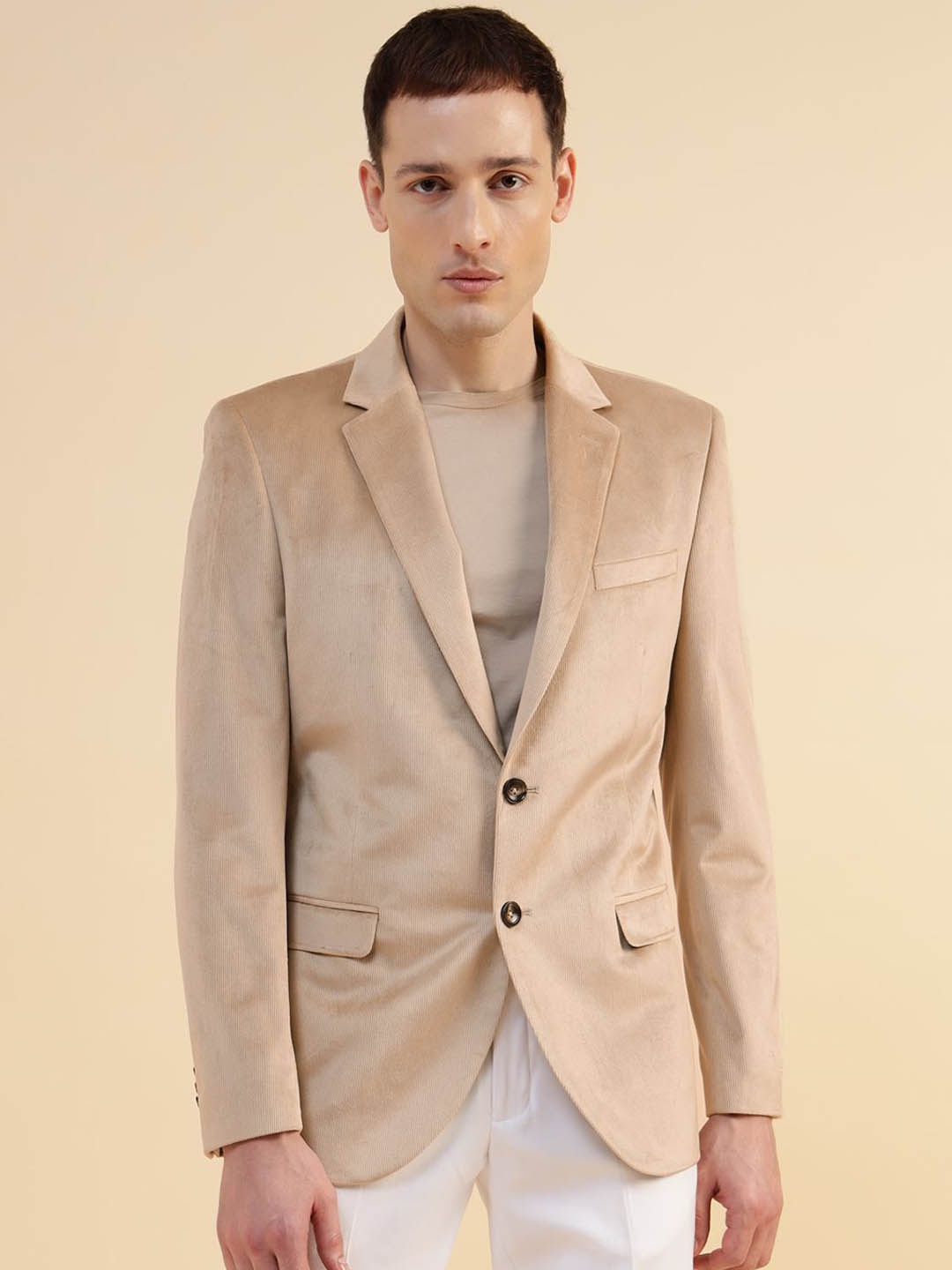 

Givo Notched Lapel Corduroy Single-Breasted Smart Fit Formal Blazer, Beige