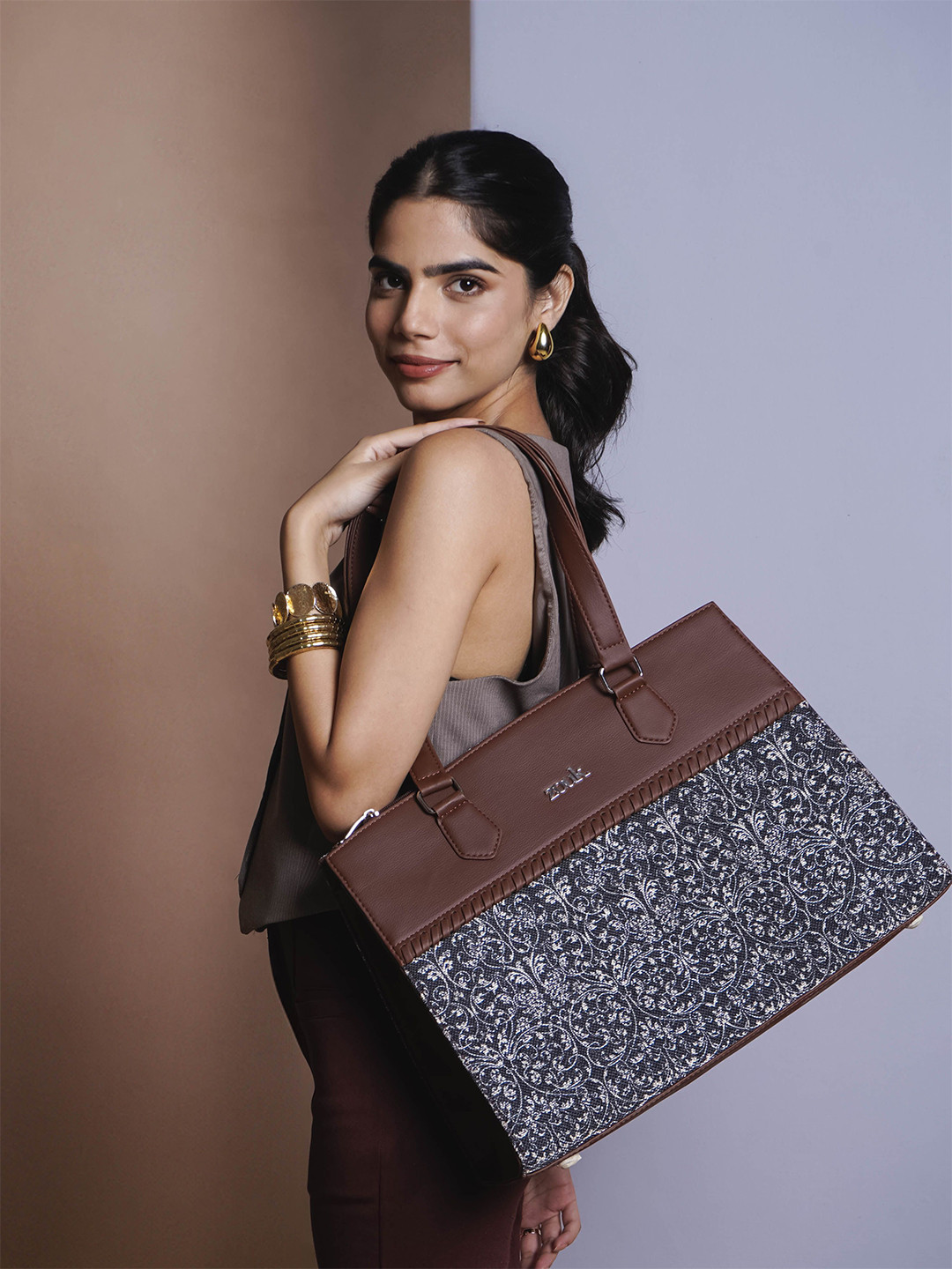 

ZOUK Women Printed Structured Shoulder Bag, Brown