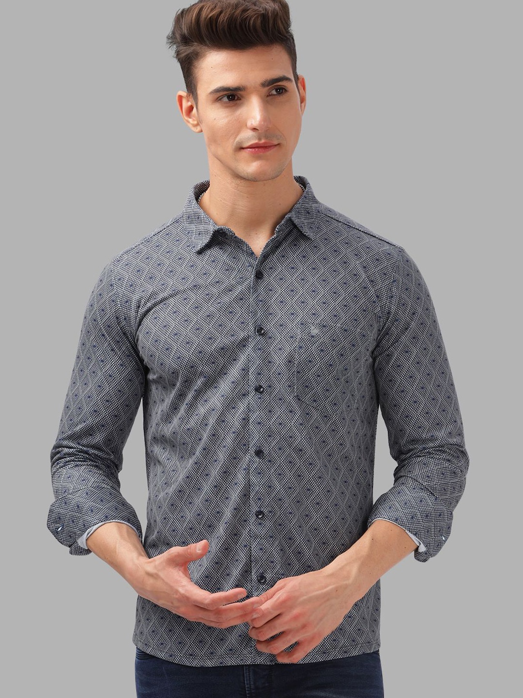 

BULLMER Men Spread Collar Abstract Printed Cotton Casual Shirt, Grey