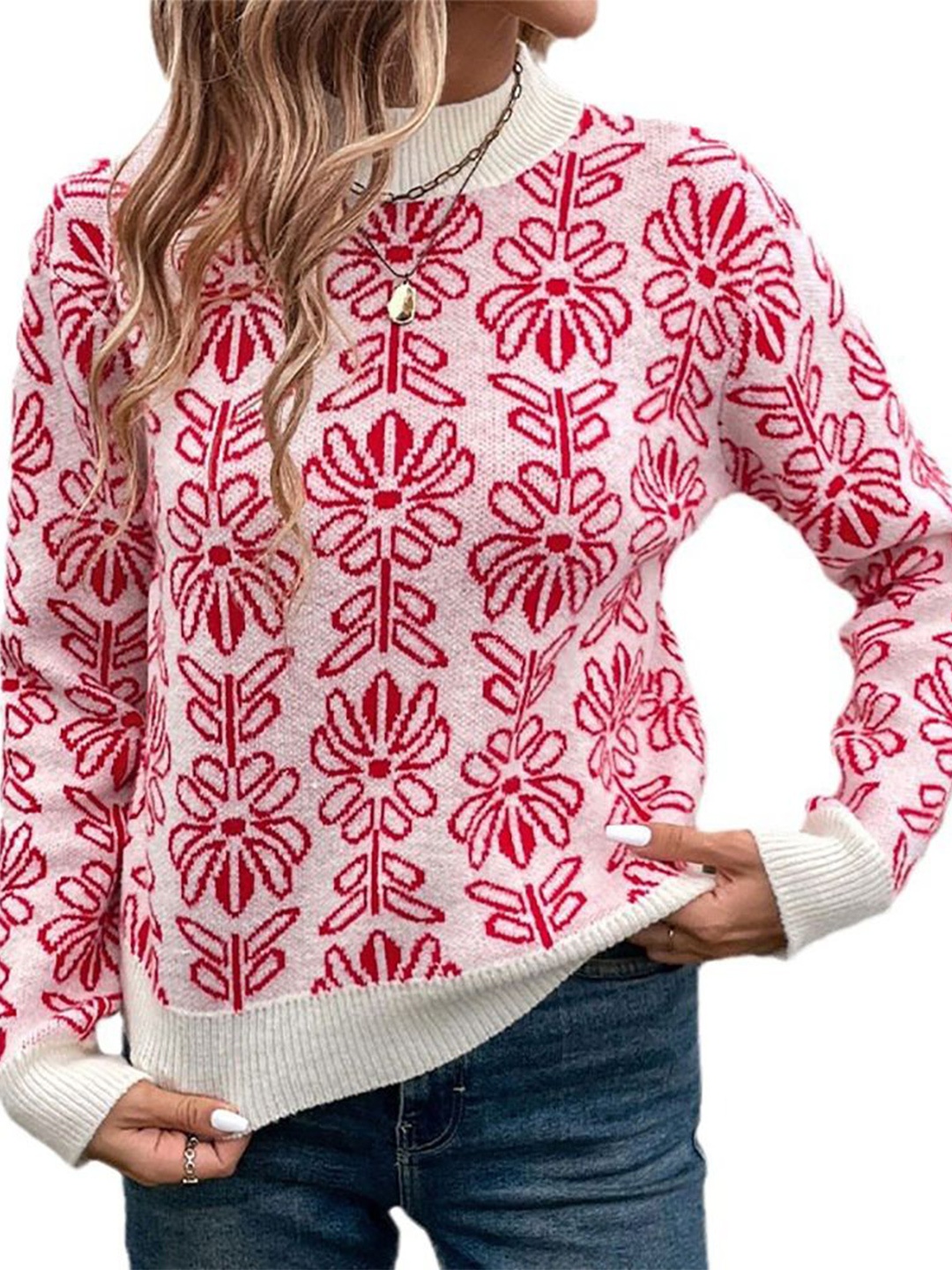 

StyleCast x Revolte Women Floral Self Design Pullover Sweaters, Red