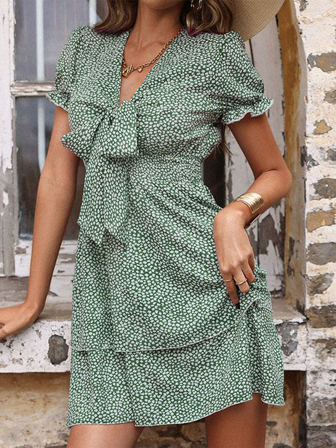 

StyleCast Tropical Printed Empire Short Sleeves Mini Dress, Green