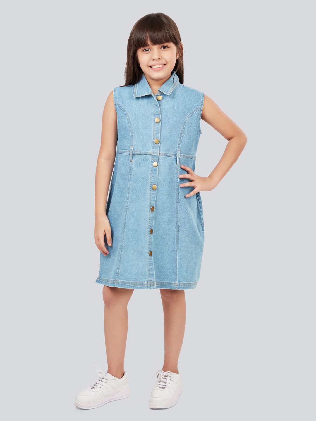 

Olele Girls Cotton Denim Sleeveless Shirt Collar Dress, Blue