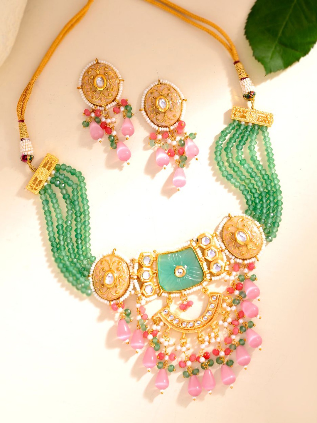 

DASTOOR Gold Plated Stone Studded & Beaded Jewellery Set