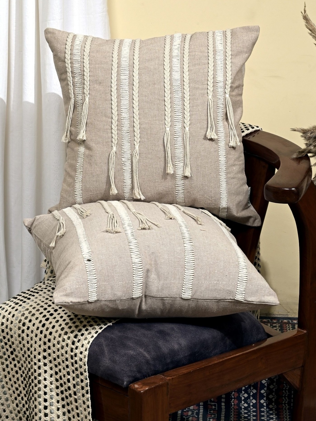 

ANWYN Beige & White 2 Pieces Striped Cotton Square Cushion Covers