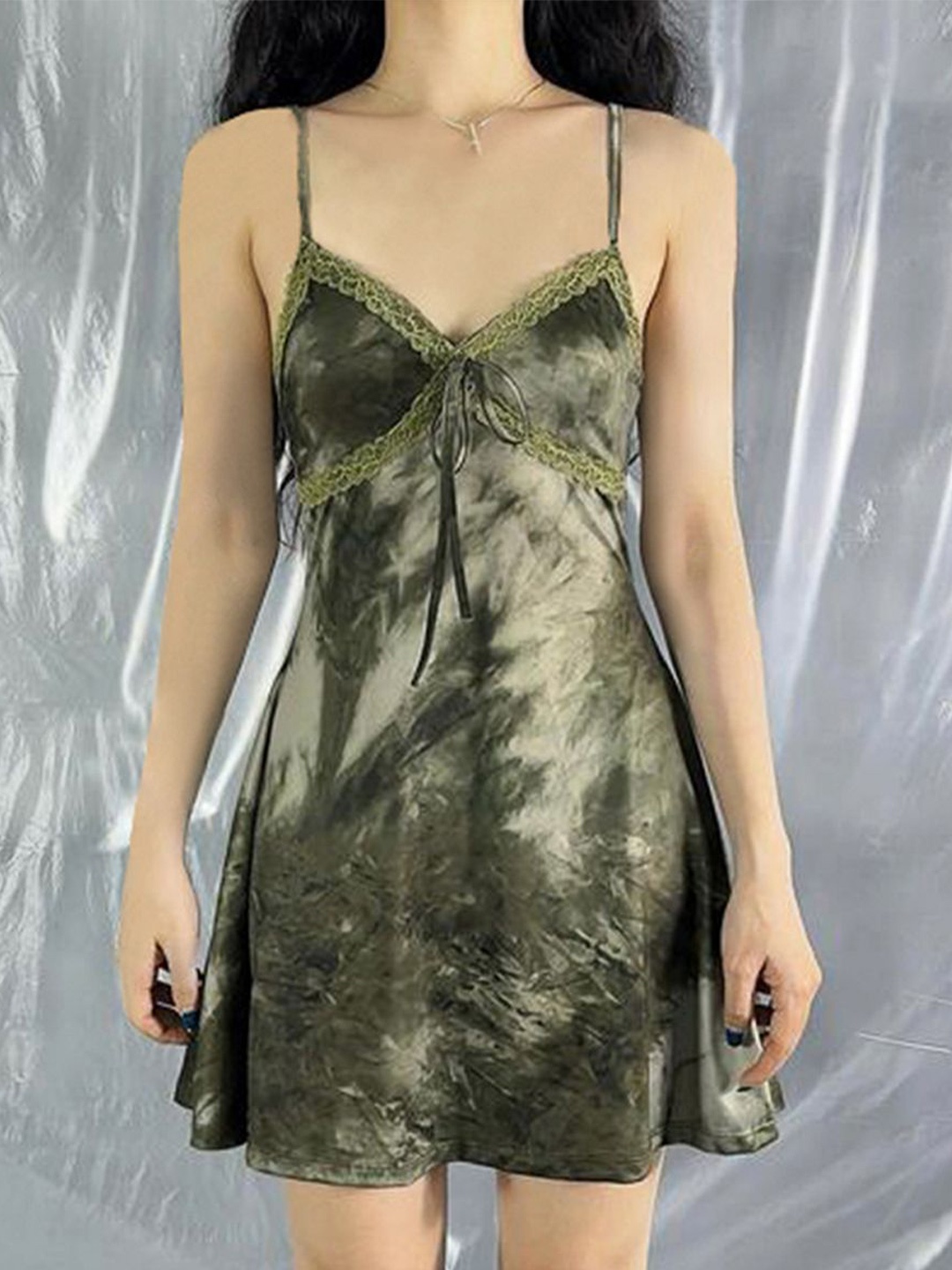 

StyleCast Abstract Printed Shoulder Straps A-Line Mini Dress With Lace-Up, Green