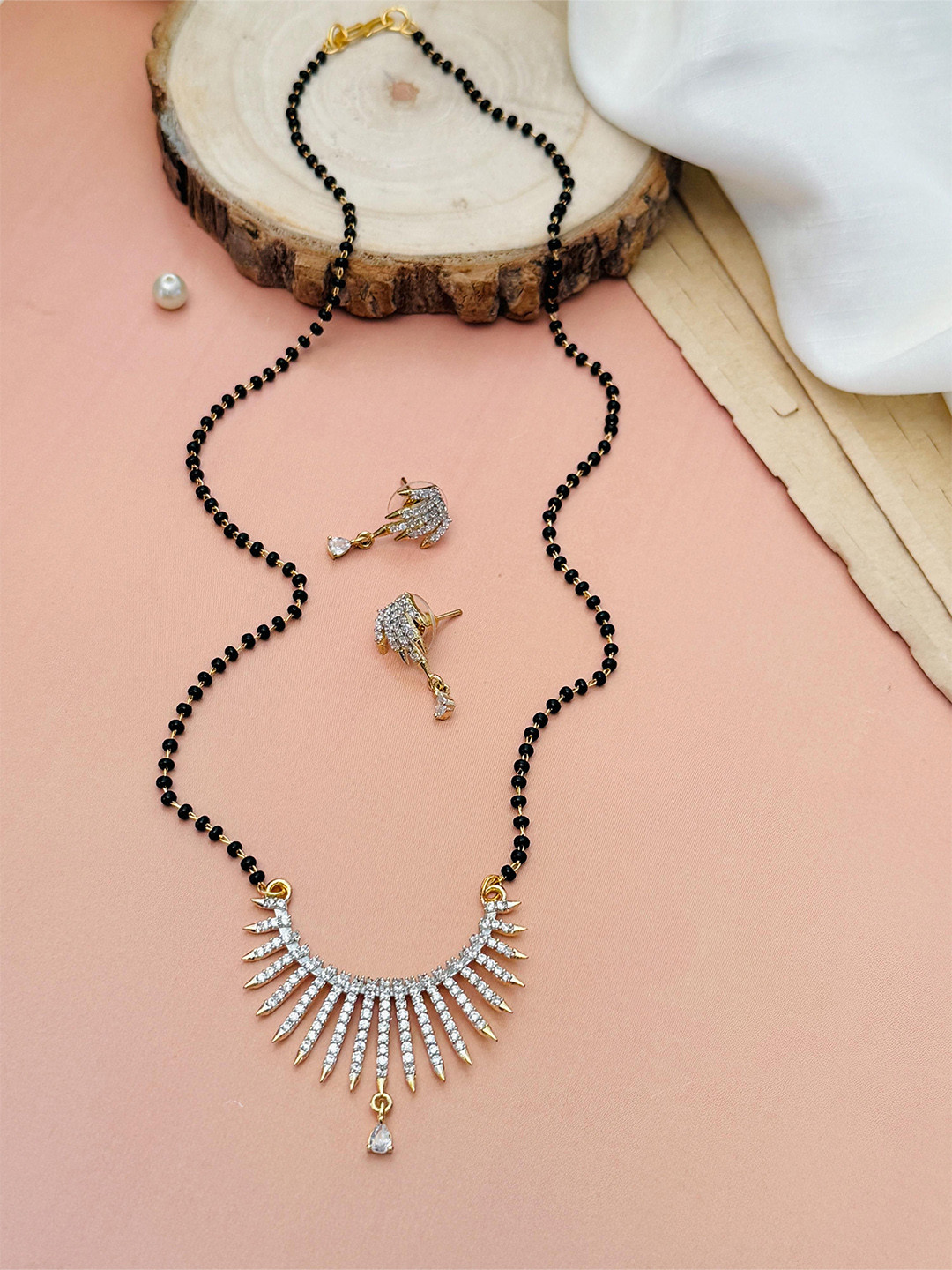 

ABDESIGNS Gold-Plated American Diamond Studded & Beaded Mangalsutra