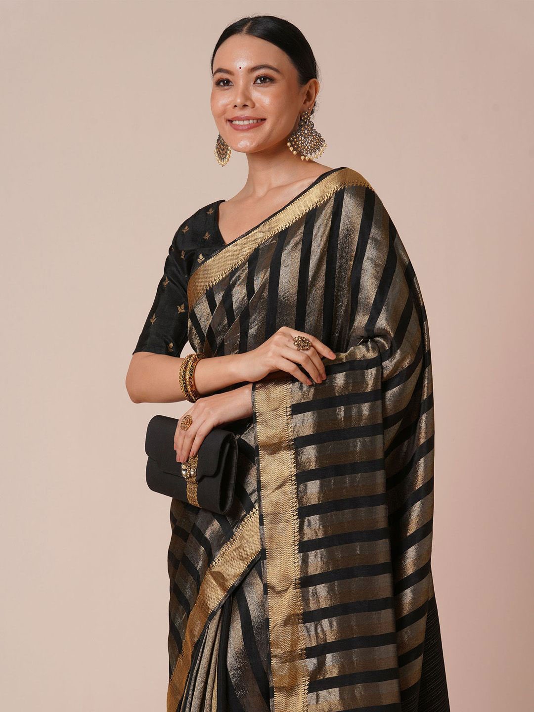 

House of Pataudi Striped Woven Design Banarasi Viscose silk Saree, Black