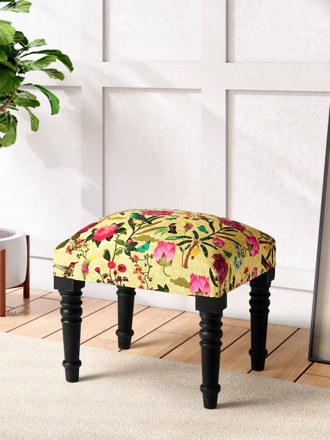 

India Circus by Krsnaa Mehta Yellow & Pink Floral Printed Wooden Ottomans