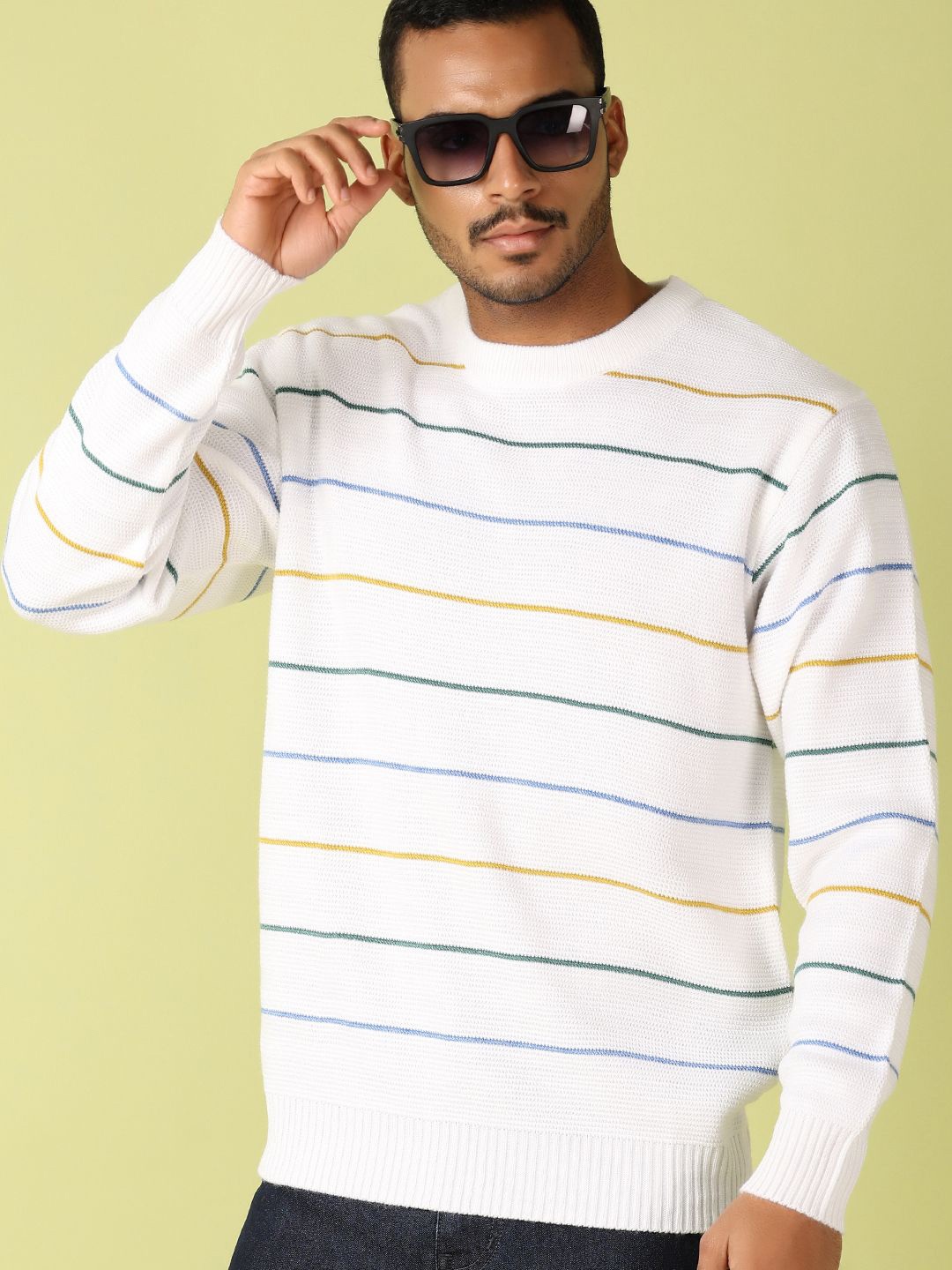 

V-Mart Men Striped Round Neck Pullover, White