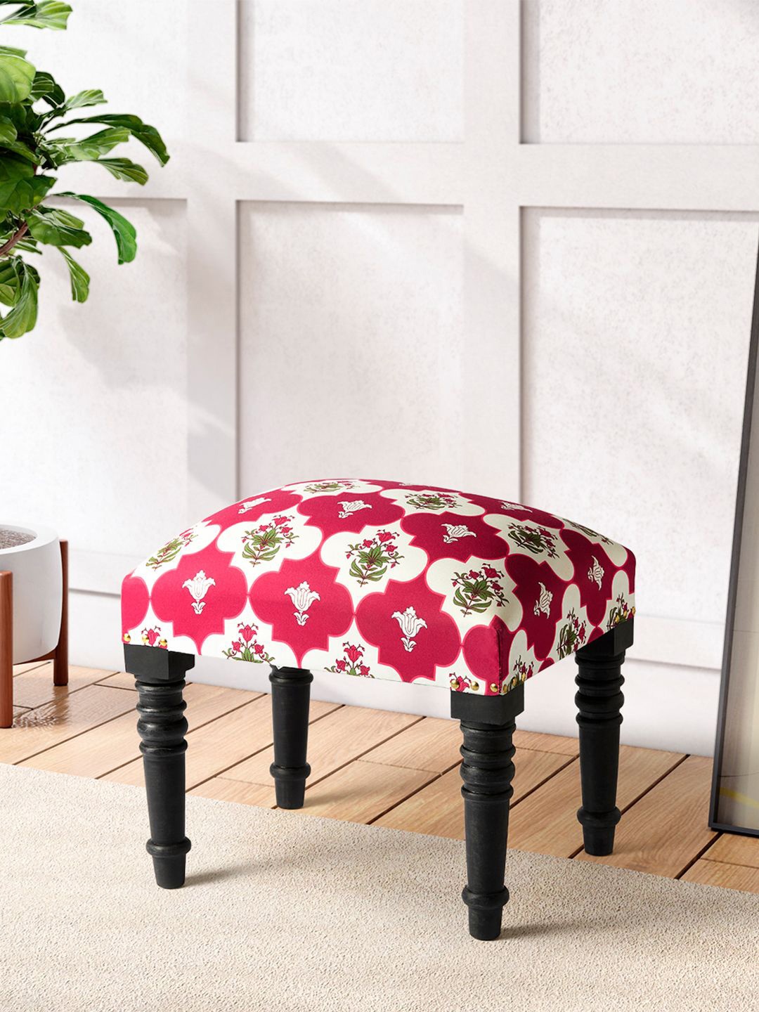

India Circus by Krsnaa Mehta Red & White Printed Wooden Cotton Ottomans