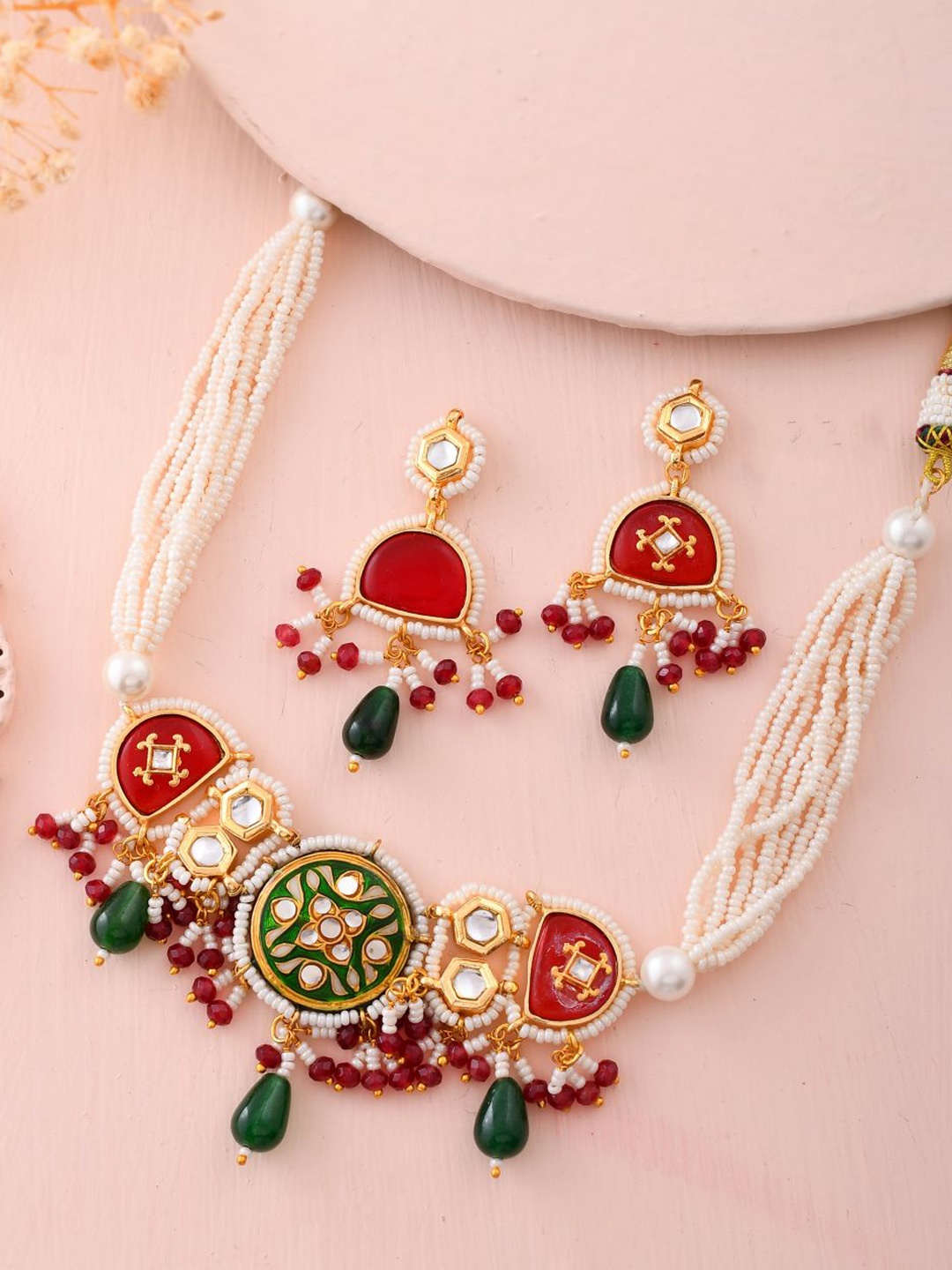 

DASTOOR Gold-Plated Stone-Studded & Beaded Jewellery Set