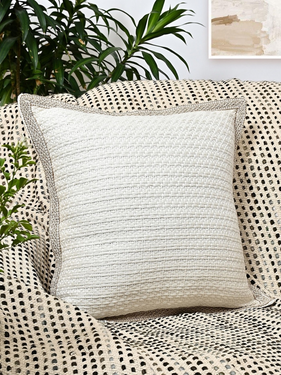 

ANWYN White & Beige Self Design Cotton Square Cushion Cover